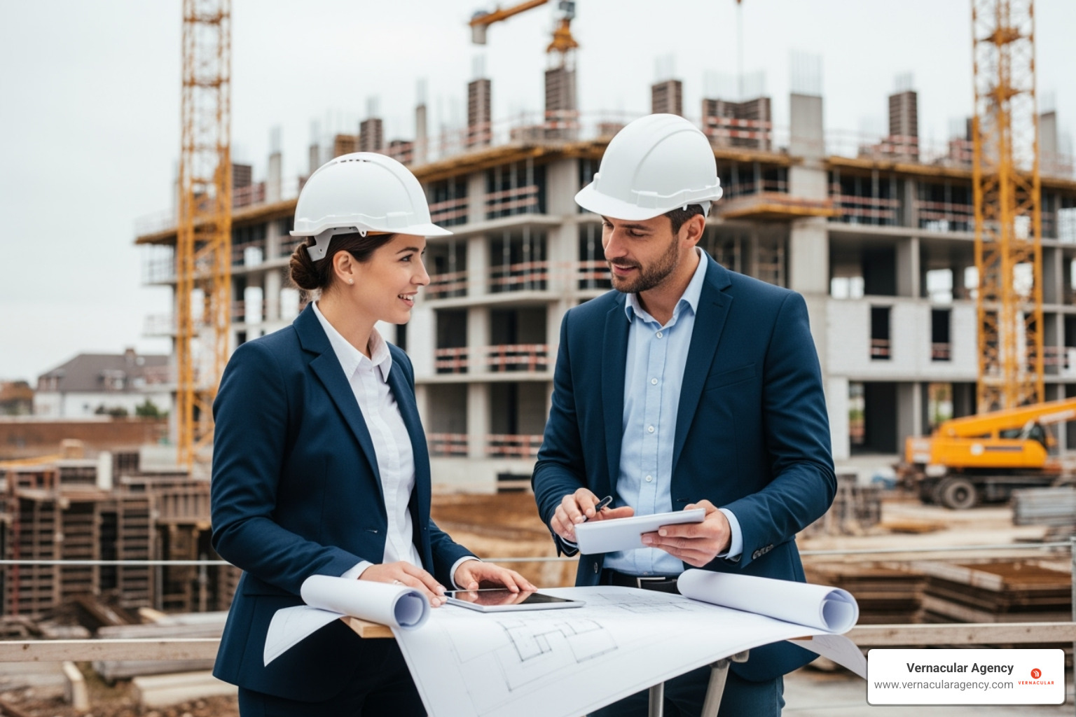 architect and client on a construction site reviewing progress - architect firm