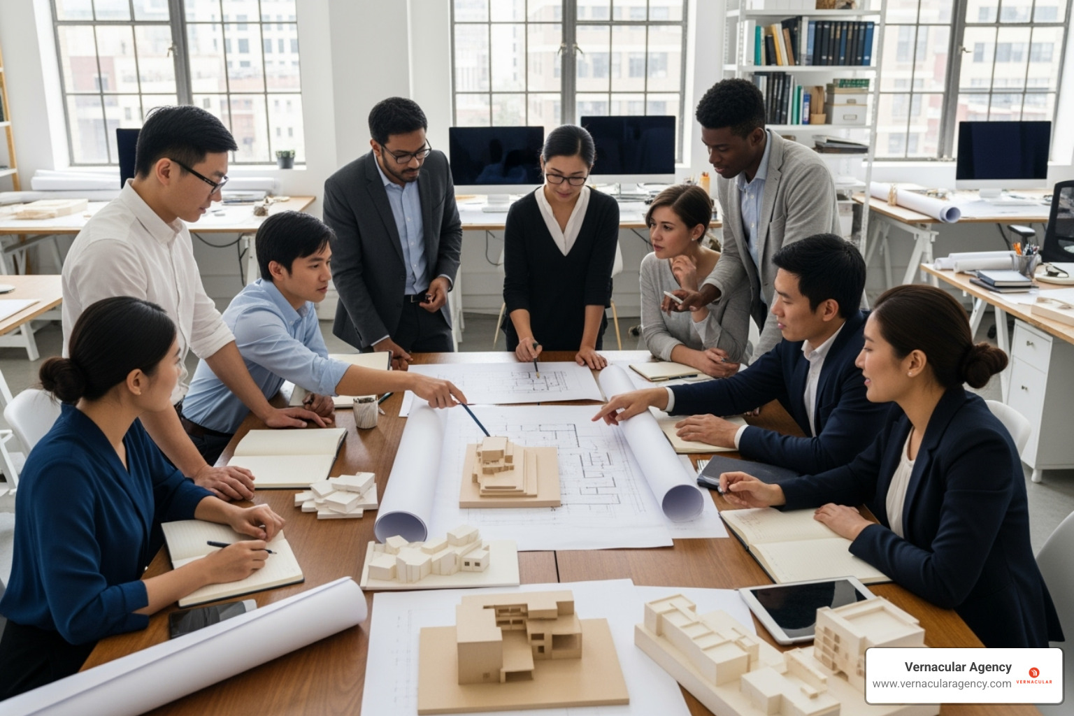 diverse team of architects collaborating around a table with models and sketches - architect firm