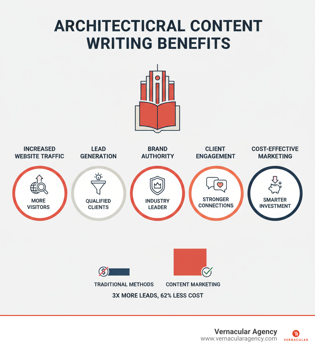 infographic showing benefits of architectural content writing including increased website traffic, lead generation, brand authority, client engagement, and cost-effective marketing compared to traditional methods - architectural content writing infographic 