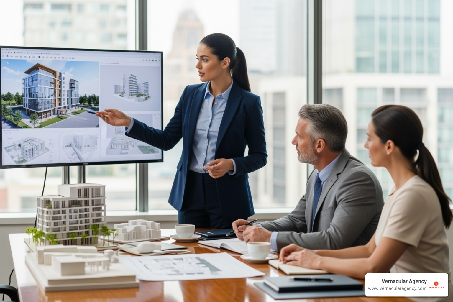 professional architect presenting to a client - architectural content writing