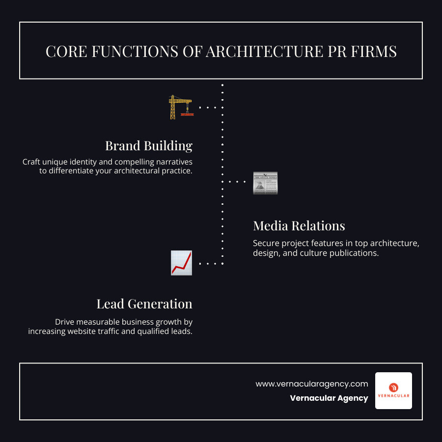 Infographic showing the three core functions of architecture PR firms: Brand Building (developing unique identity and messaging), Media Relations (securing features in design publications and speaking opportunities), and Lead Generation (driving website traffic and converting visitors to qualified clients through SEO and digital strategy) - architecture pr firms infographic infographic-line-3-steps-dark Infographic showing the three core functions of architecture PR firms: Brand Building (developing unique identity and messaging), Media Relations (securing features in design publications and speaking opportunities), and Lead Generation (driving website traffic and converting visitors to qualified clients through SEO and digital strategy) - architecture pr firms infographic infographic-line-3-steps-dark