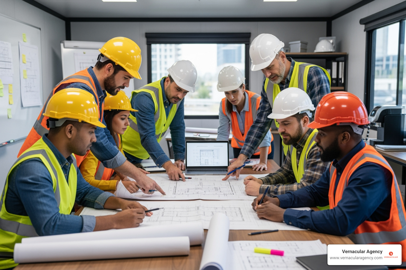 construction team in a planning meeting, looking at blueprints - Construction industry PR