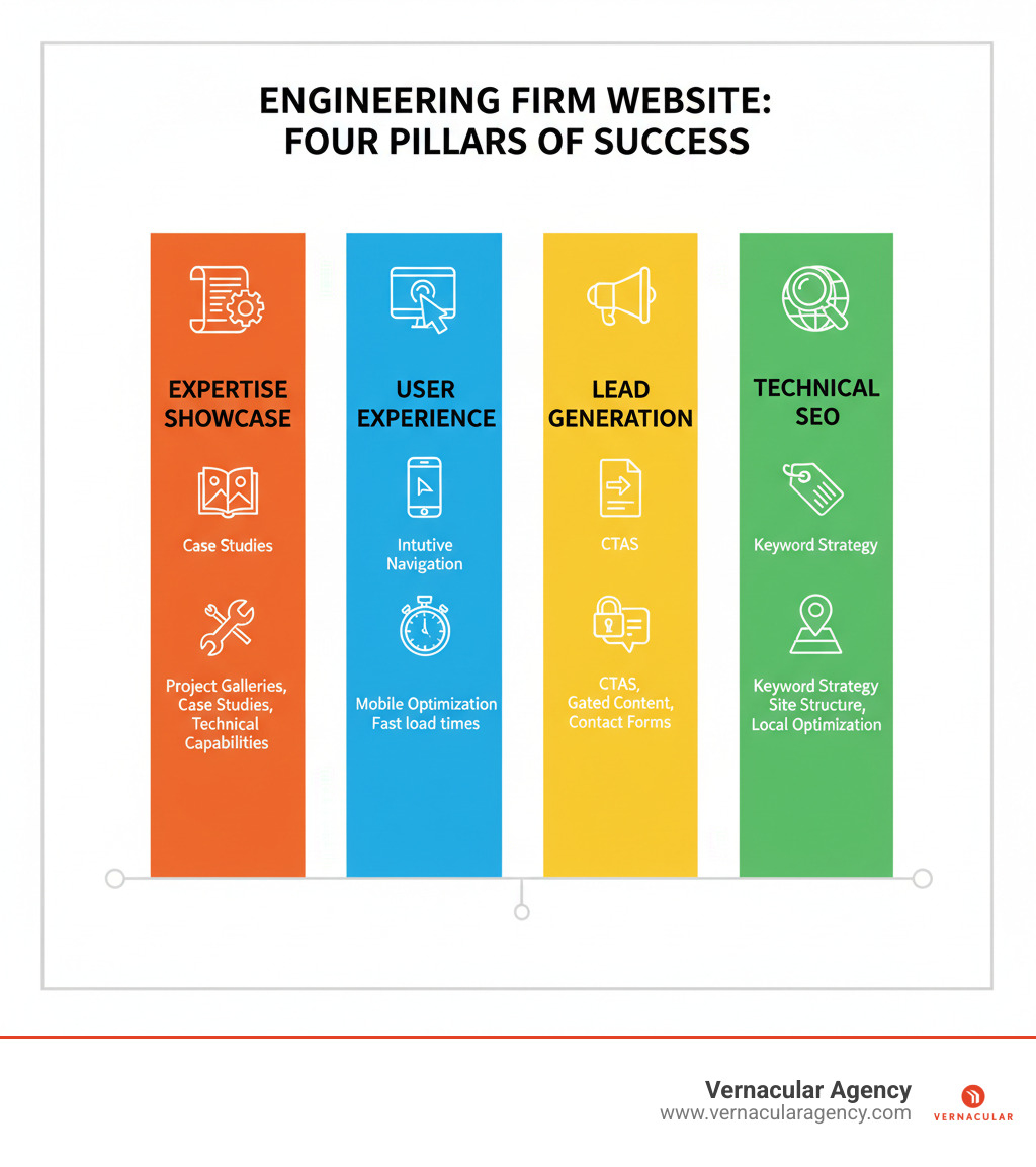 Infographic showing four pillars: 1) Expertise Showcase - featuring project galleries, case studies, and technical capabilities; 2) User Experience - with intuitive navigation, mobile optimization, and fast load times; 3) Lead Generation - including CTAs, gated content, and contact forms; 4) Technical SEO - covering keyword strategy, site structure, and local optimization - engineering firm website infographic 