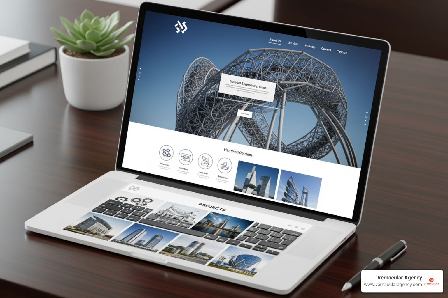 A clean, well-structured engineering website homepage with clear navigation and professional visuals - engineering firm website