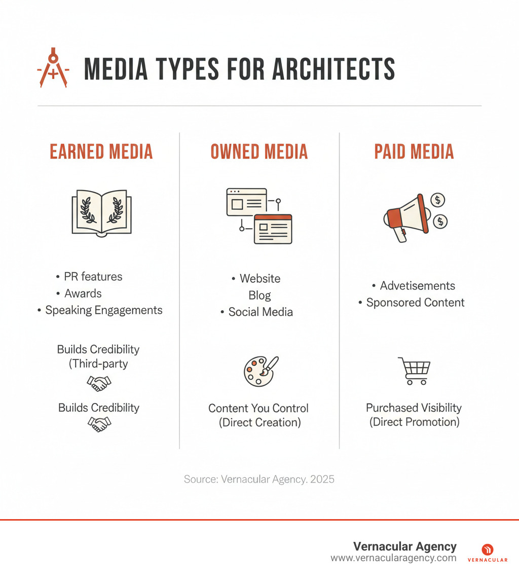 infographic showing three columns: Earned Media (PR features, awards, speaking engagements - builds credibility through third-party validation), Owned Media (website, blog, social media - content you control and create), and Paid Media (advertisements, sponsored content - purchased visibility with direct promotion) - public relations for architects infographic 