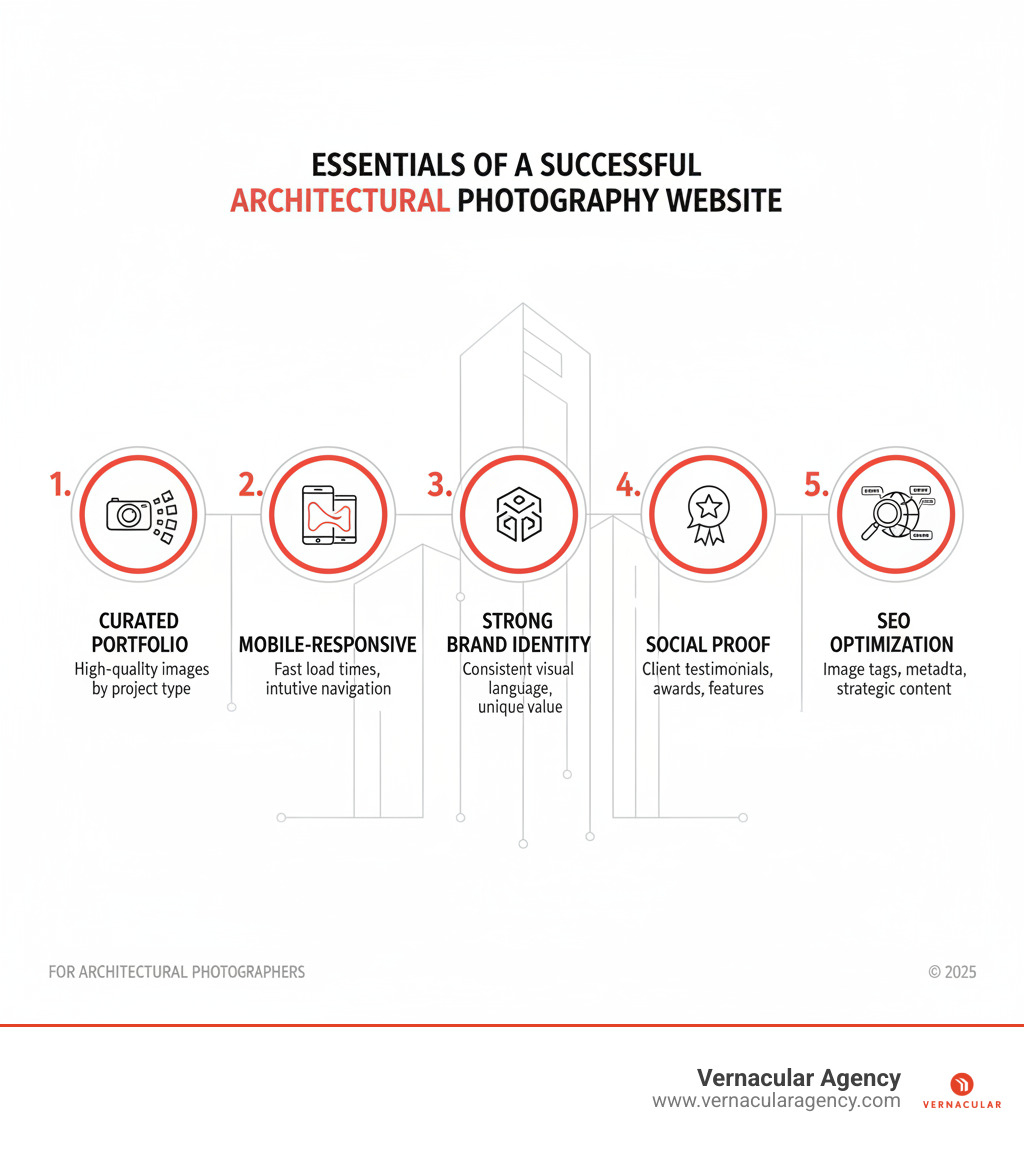 Infographic showing the 5 essential elements of a successful architectural photography website: 1. Curated portfolio with high-quality images organized by project type, 2. Mobile-responsive design with fast load times and intuitive navigation, 3. Strong brand identity with consistent visual language and unique value proposition, 4. Social proof including client testimonials, awards, and publication features, 5. SEO optimization with proper image tags, metadata, and strategic content - architectural photography website infographic 
