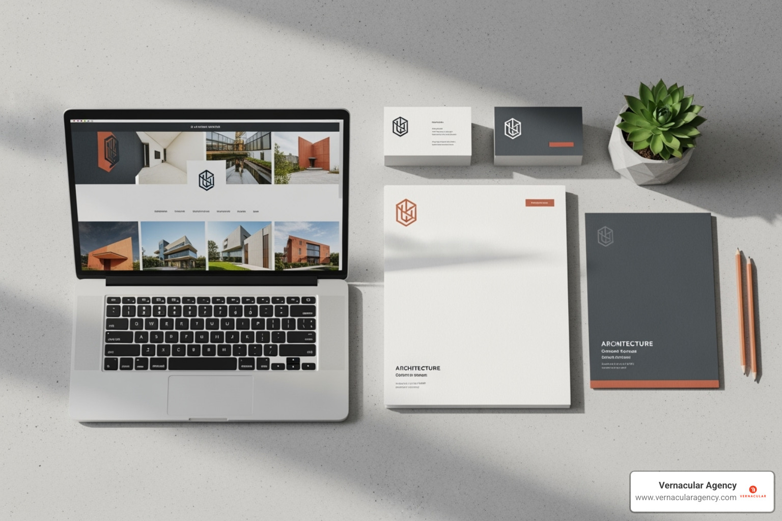 A cohesive brand identity across a business card, letterhead, and website mockup - architecture firm branding