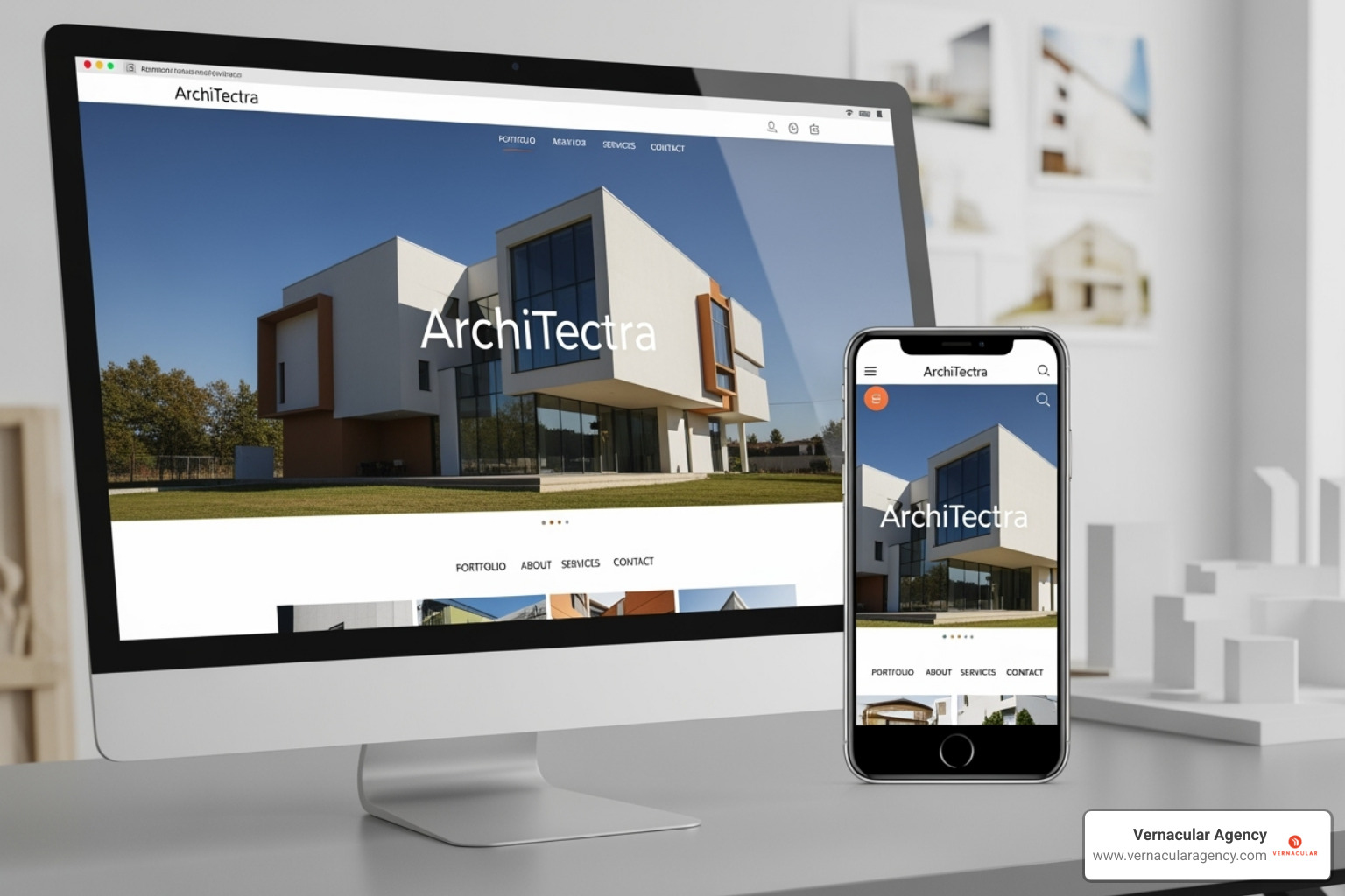 A stunning architecture firm website displayed on a desktop and mobile device - architecture firm branding