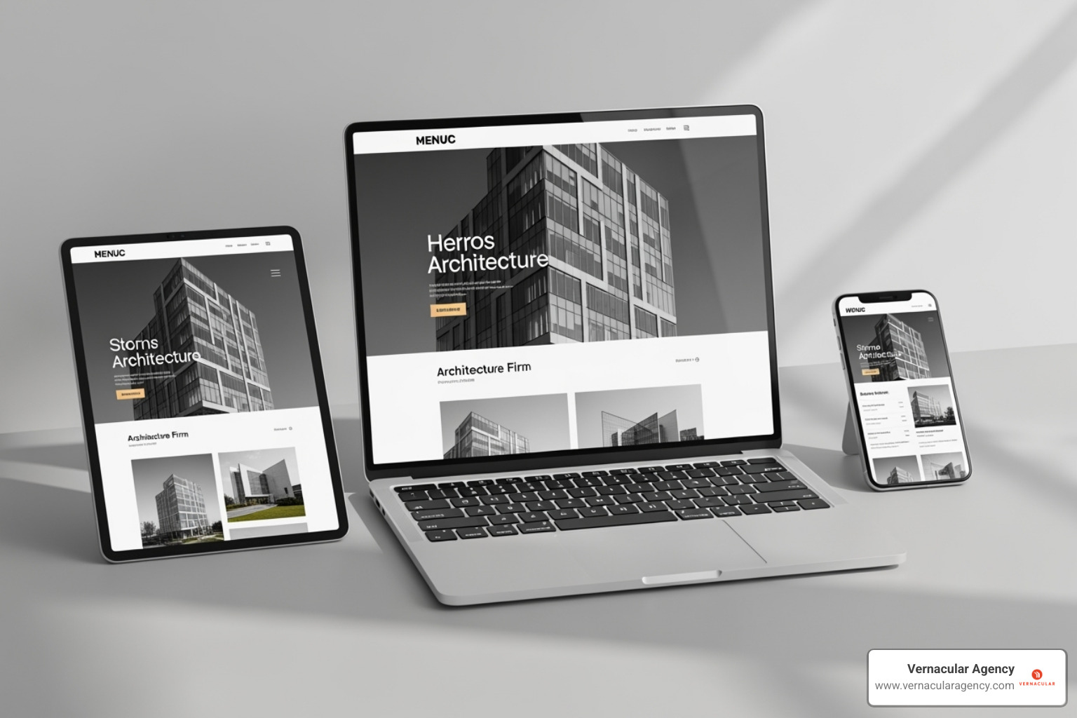 a responsive architecture firm website on a laptop, tablet, and phone - architecture marketing strategy