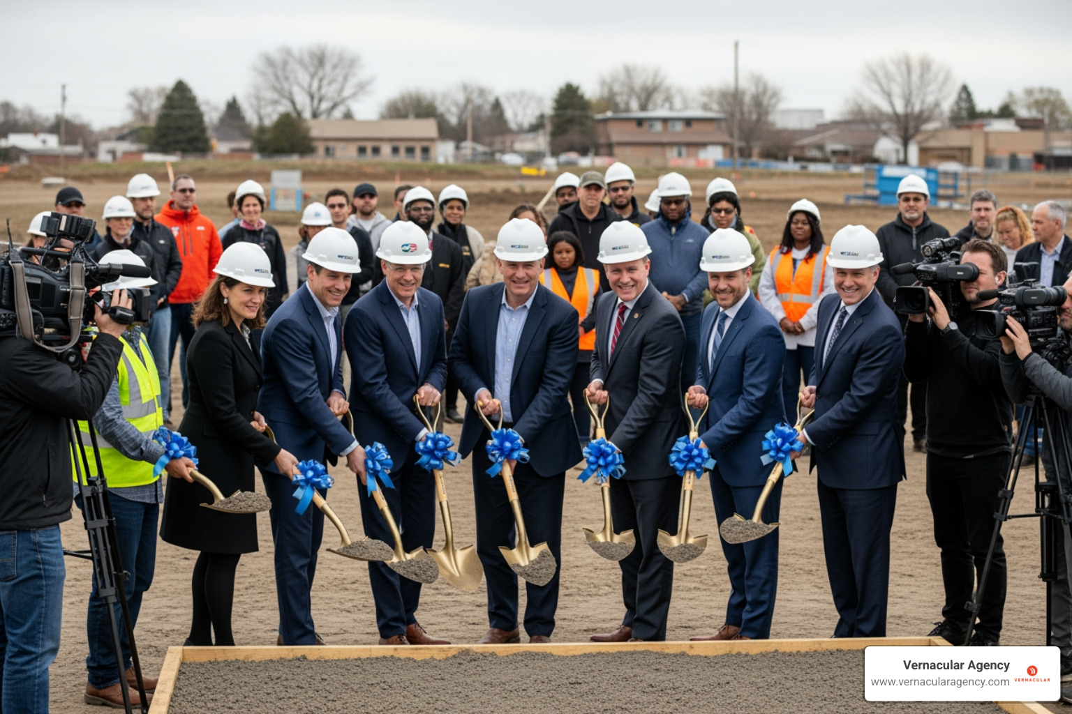 groundbreaking ceremony with media and community members present - Construction industry PR
