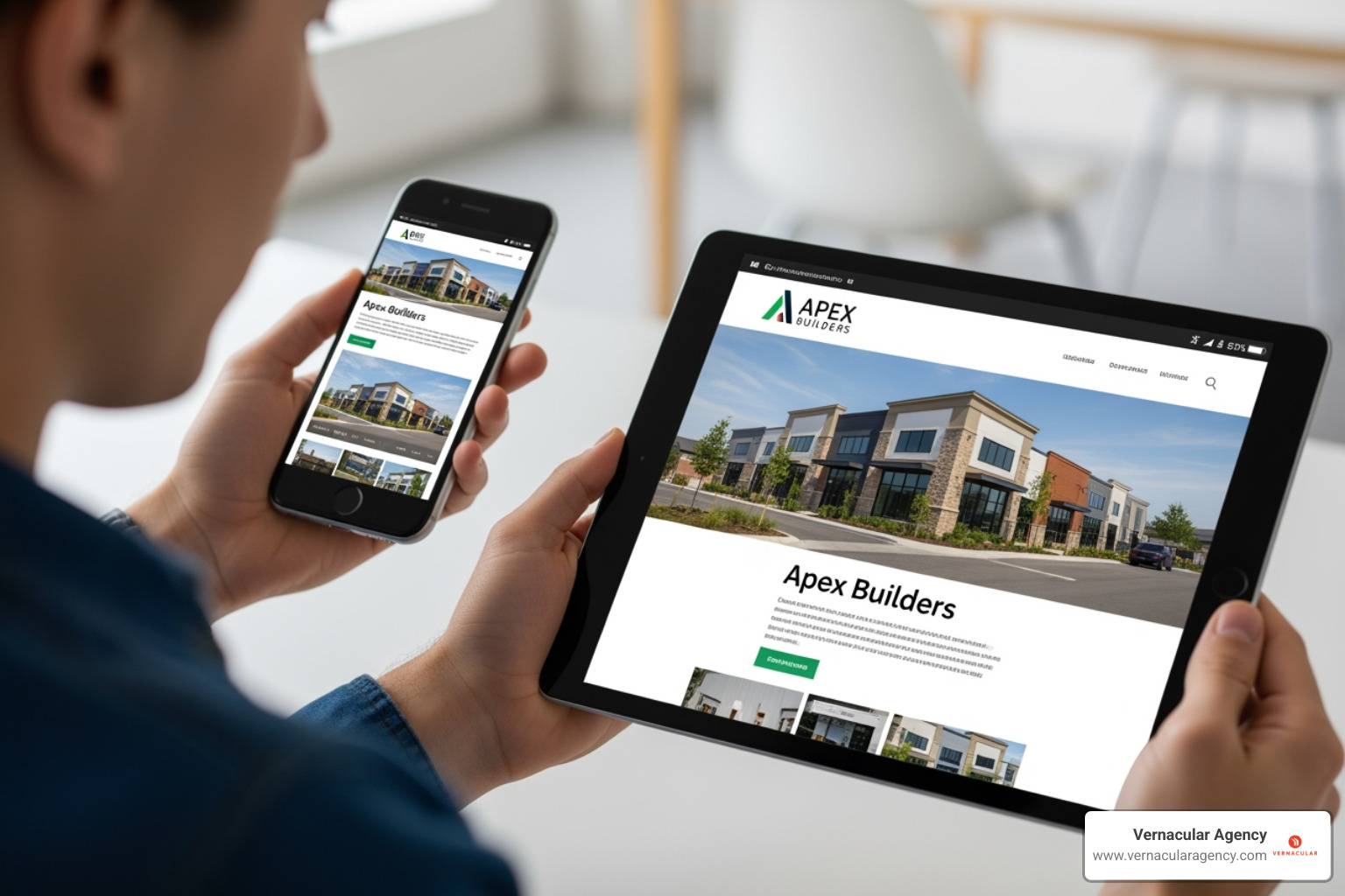 person viewing construction company's website on a tablet and phone - Construction industry PR