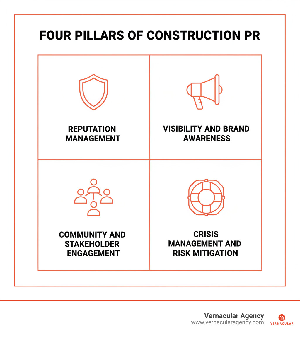Infographic showing four pillars of construction PR: Reputation Management with a shield icon, Visibility and Brand Awareness with a megaphone icon, Community and Stakeholder Engagement with connected people icons, and Crisis Management and Risk Mitigation with a life preserver icon - Construction industry PR infographic 