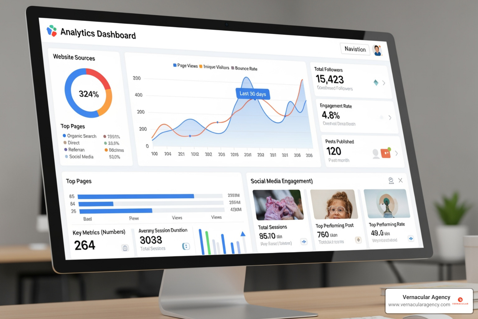dashboard showing website traffic analytics and social media engagement - Interior design PR