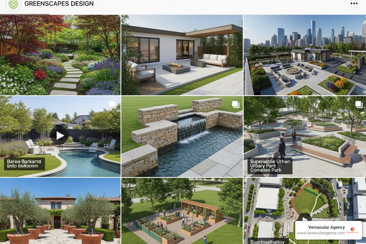 A landscape architecture firm's Instagram feed showcasing a curated grid of stunning project photos, intricate 3D renderings, and engaging short project videos - landscape architecture marketing plan