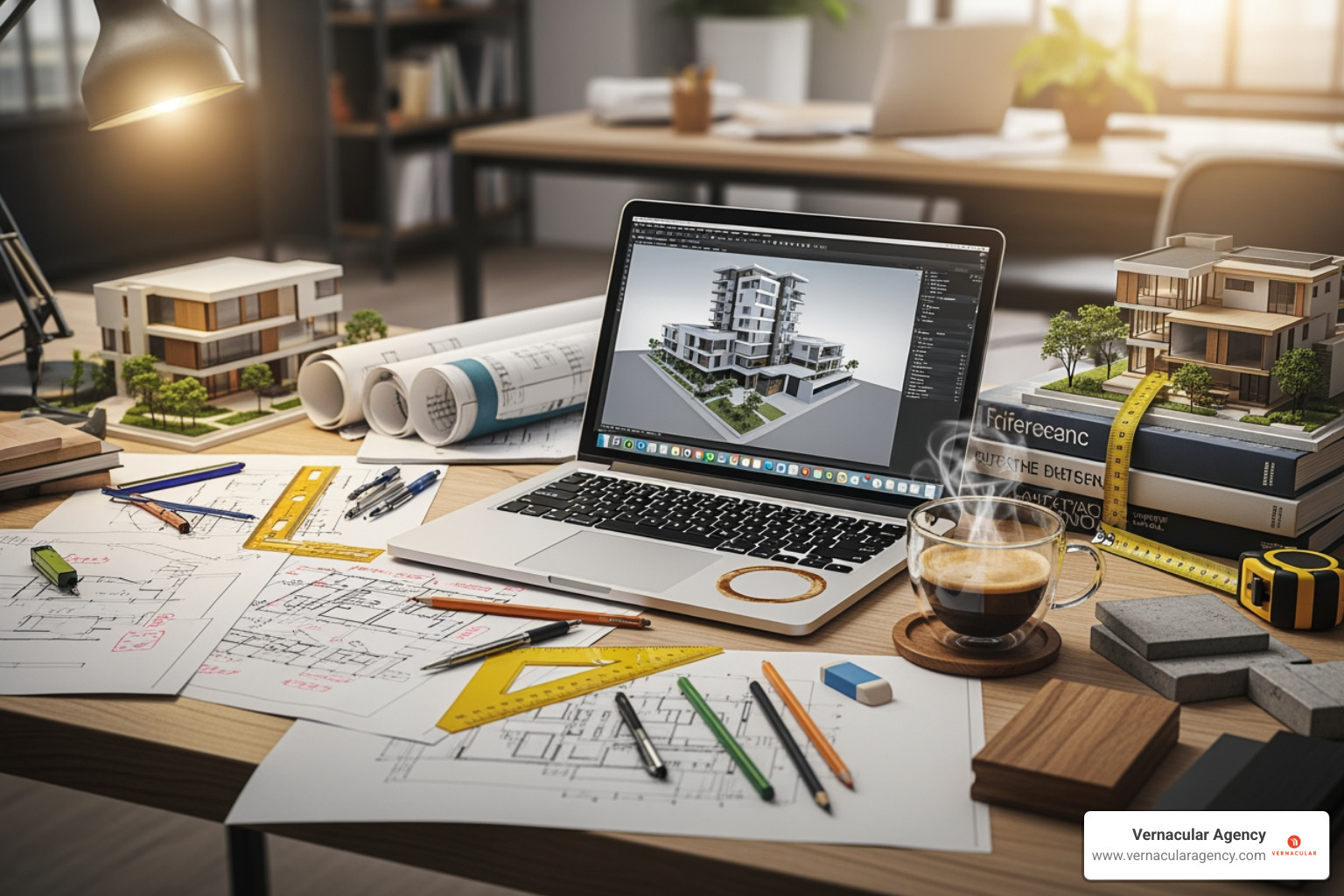 architect's desk with sketches, laptop, and coffee - architectural design blog