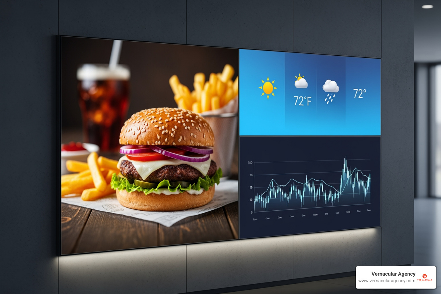 Digital signage content optimized for both landscape and portrait screen orientations, showing clear, readable text and images. - digital signage content creation