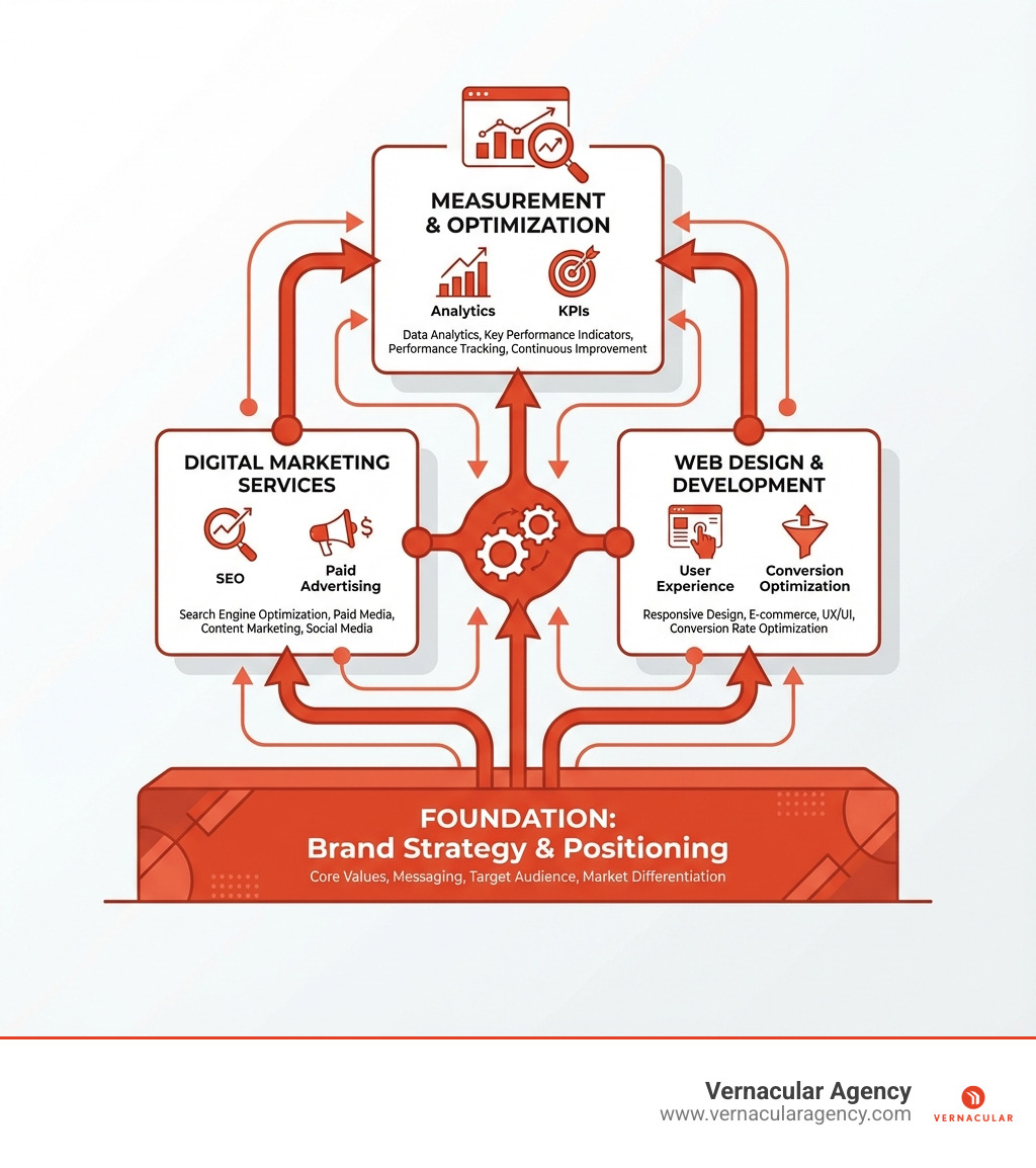 Infographic showing the core components of a modern marketing strategy including brand strategy and positioning at the foundation, digital marketing services like SEO and paid advertising in the middle layer, web design and development for user experience and conversion optimization, and measurement through analytics and KPIs at the top, with all elements connected to show integration - marketing agency Portland Maine infographic 
