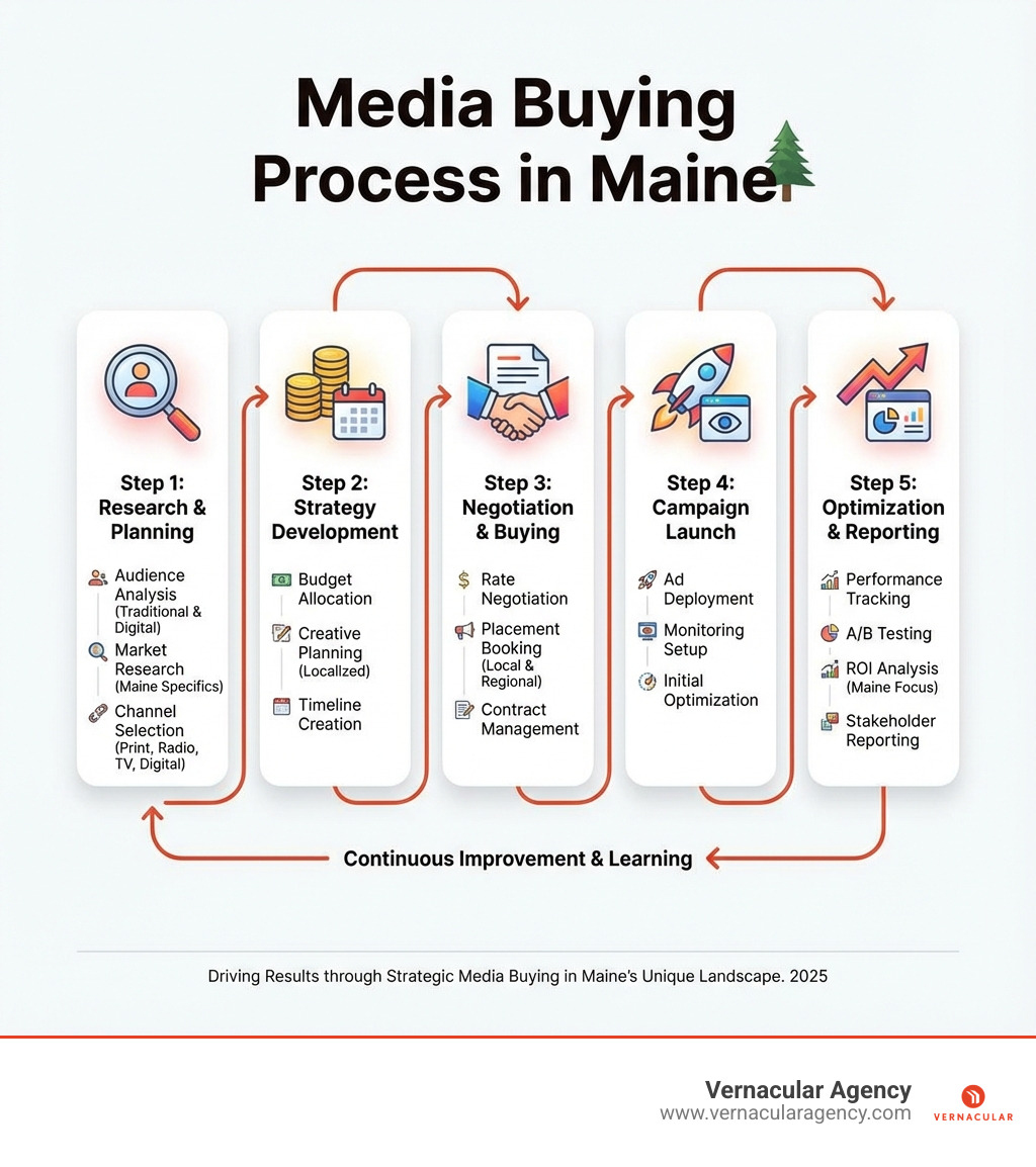 Infographic showing the media buying process: Step 1 Research & Planning (audience analysis, market research, channel selection), Step 2 Strategy Development (budget allocation, creative planning, timeline creation), Step 3 Negotiation & Buying (rate negotiation, placement booking, contract management), Step 4 Campaign Launch (ad deployment, monitoring setup, initial optimization), Step 5 Optimization & Reporting (performance tracking, A/B testing, ROI analysis, stakeholder reporting) - media buying Maine infographic 