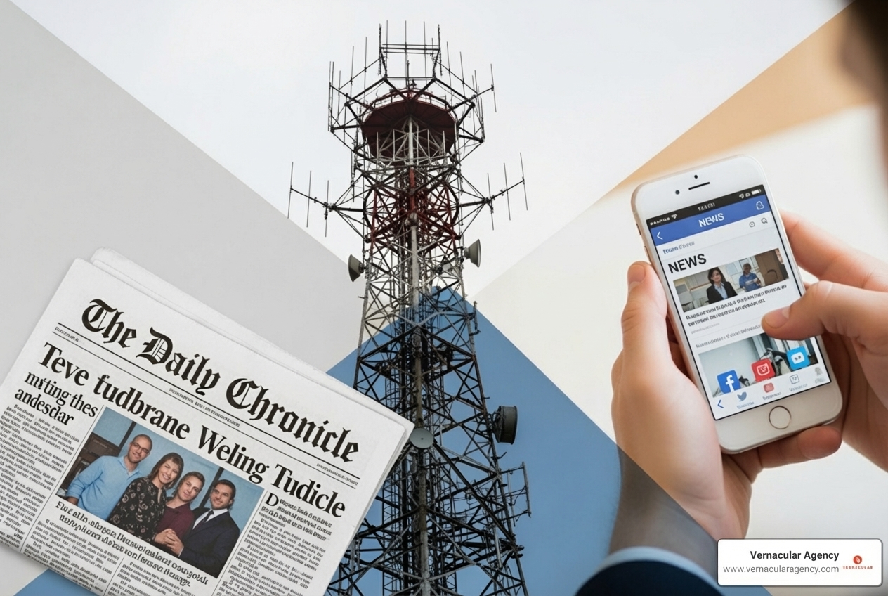 Collage showing the Portland Press Herald newspaper, a radio tower, and a person using a smartphone - media buying Maine