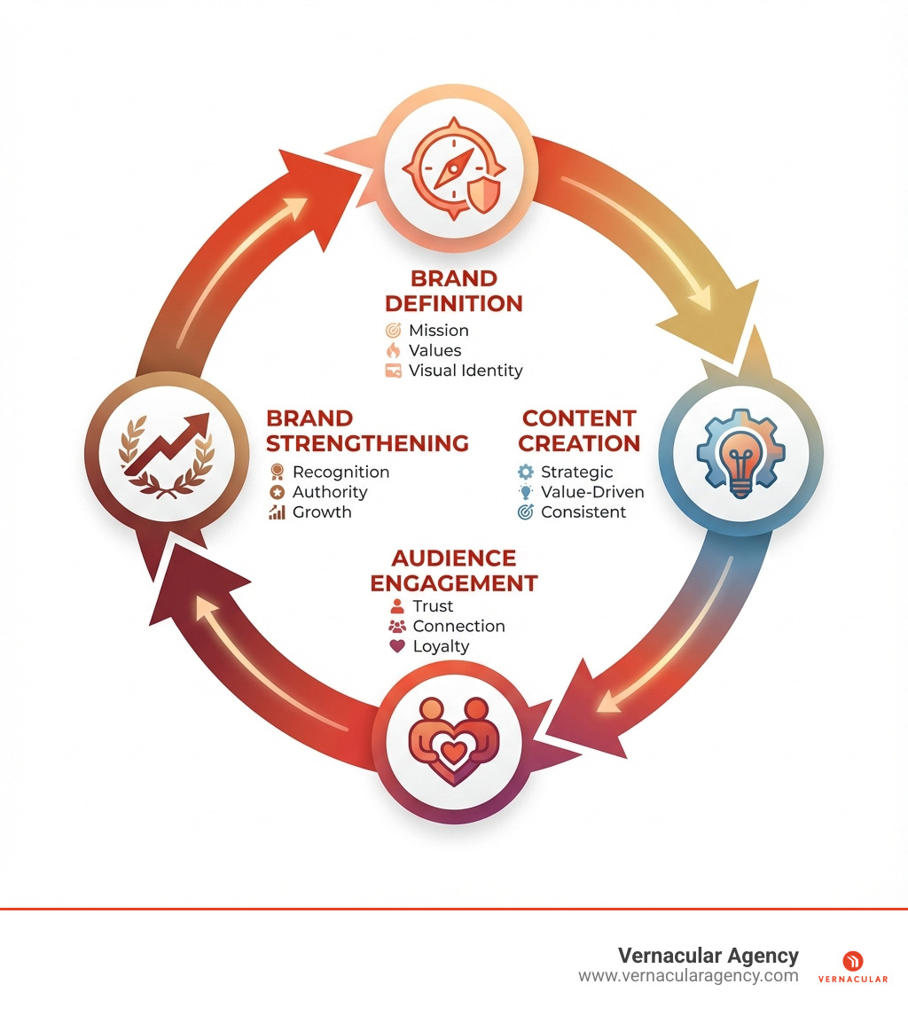 Infographic showing the continuous cycle: Brand Definition (mission, values, visual identity) flows to Content Creation (strategic, value-driven, consistent) flows to Audience Engagement (trust, connection, loyalty) flows to Brand Strengthening (recognition, authority, growth) and back to Brand Definition - branding and content creation infographic 