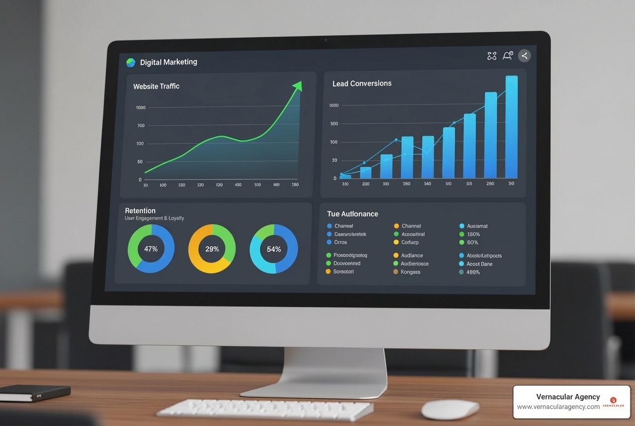 A dashboard showing positive marketing analytics like traffic growth and lead conversion - maine marketing firms