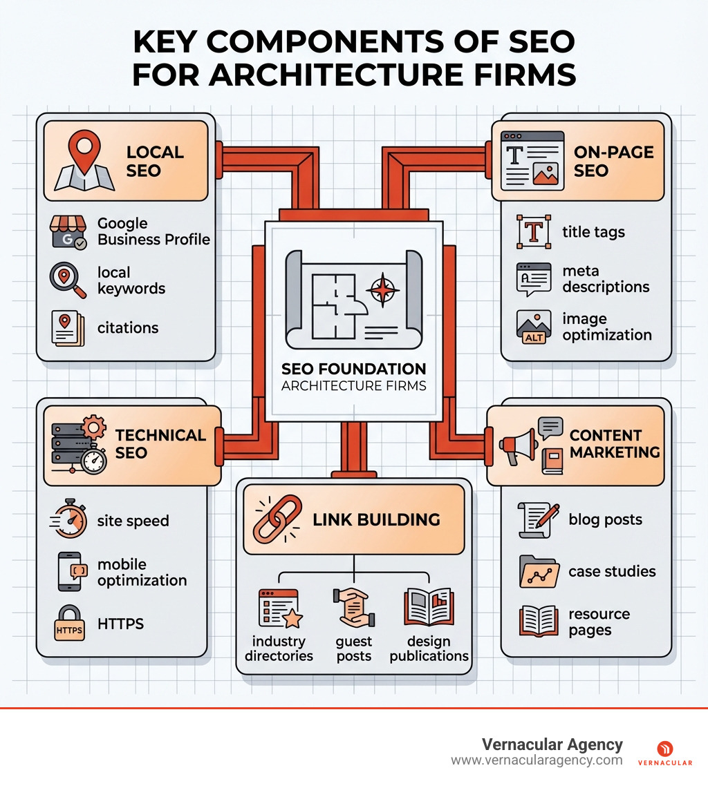 Infographic showing the key components of SEO for architecture firms: Local SEO (Google Business Profile, local keywords, citations), On-Page SEO (title tags, meta descriptions, image optimization), Technical SEO (site speed, mobile optimization, HTTPS), Content Marketing (blog posts, case studies, resource pages), and Link Building (industry directories, guest posts, design publications) - SEO for architecture firms infographic 