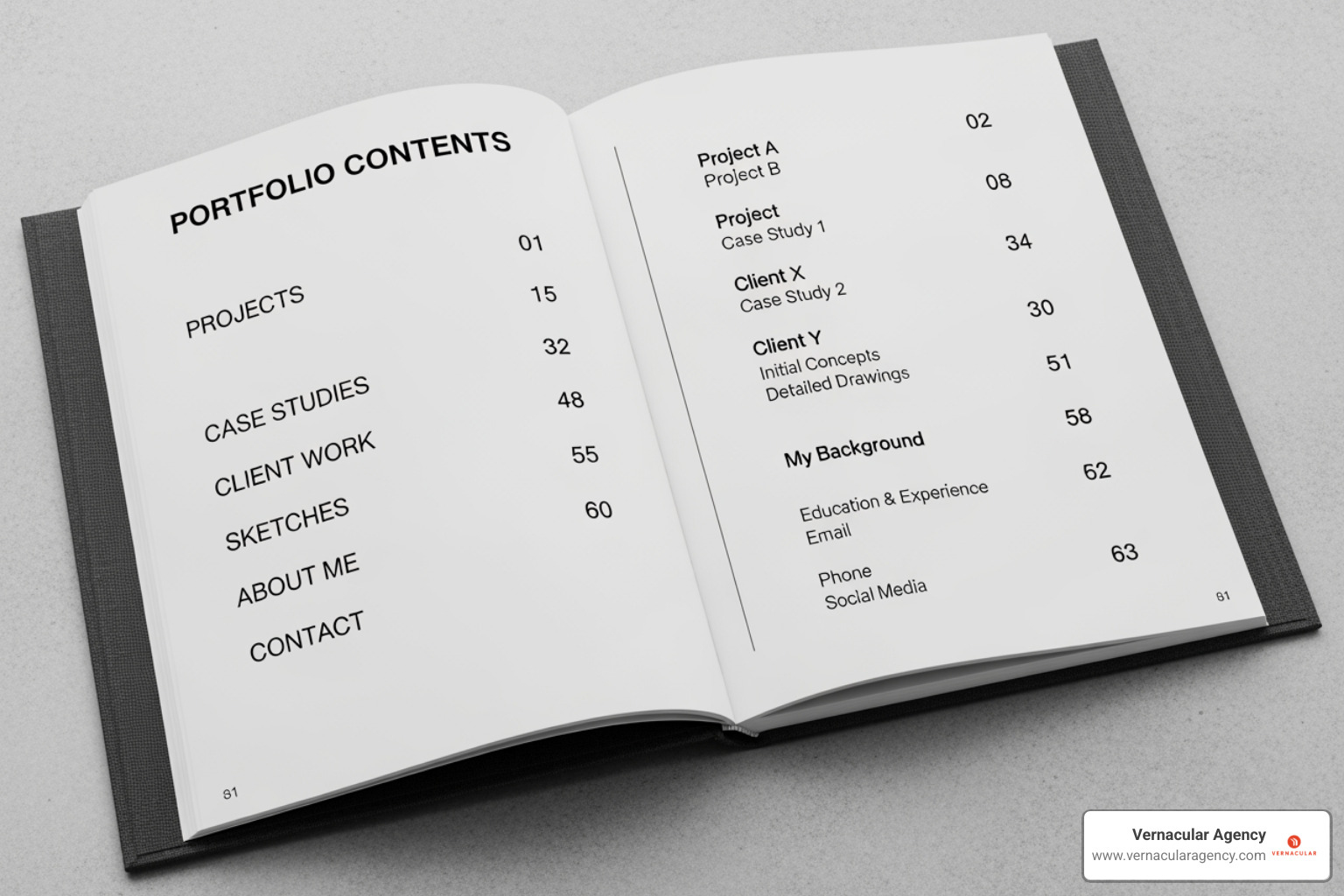 a well-structured portfolio table of contents page - architect portfolio design