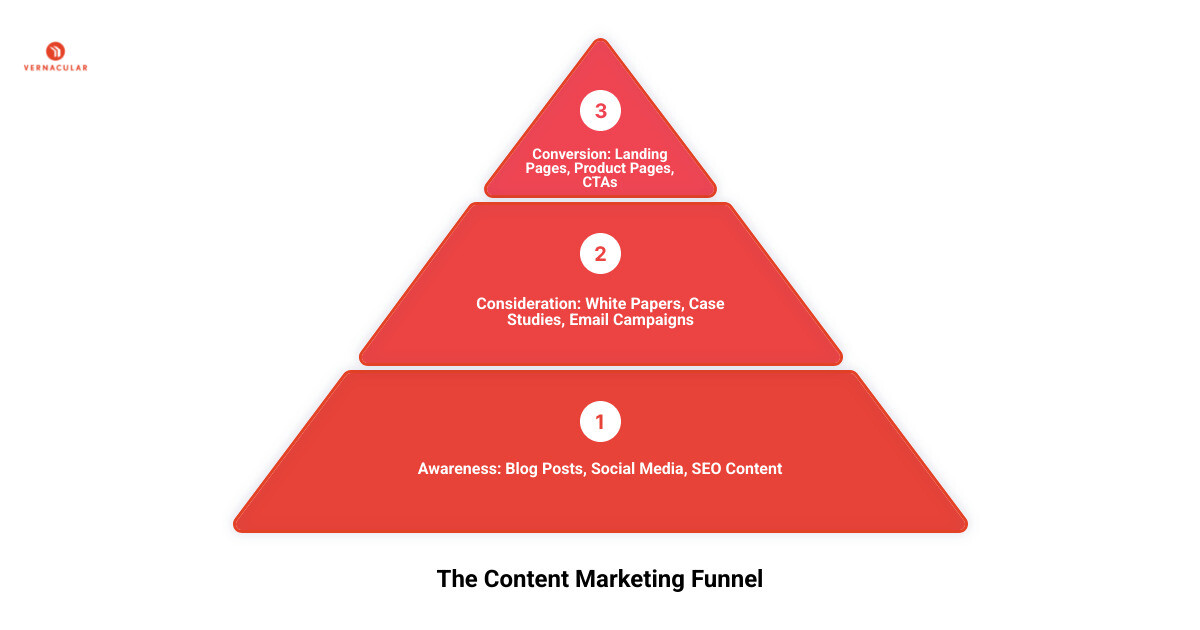 Infographic showing the content marketing funnel: At the top is 'Awareness' (blog posts, social media, SEO content), middle shows 'Consideration' (white papers, case studies, email campaigns), and bottom displays 'Conversion' (landing pages, product pages, CTAs), with arrows flowing downward through each stage - content creation services infographic 3_stage_pyramid