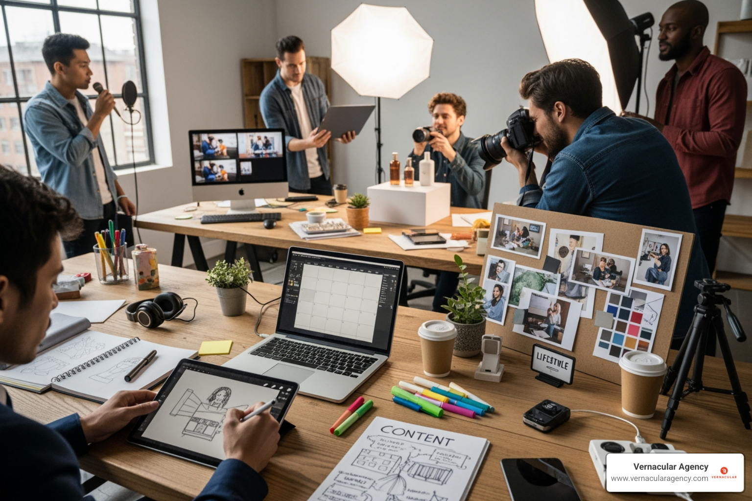 showcasing different types of content like a blog post, a video still, and an infographic - content creation services