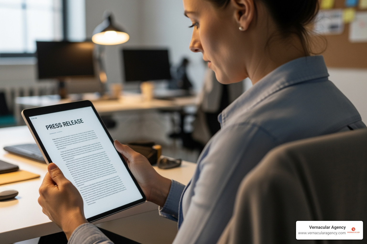 a journalist reading a press release on a tablet - public relations agency a journalist reading a press release on a tablet - public relations agency