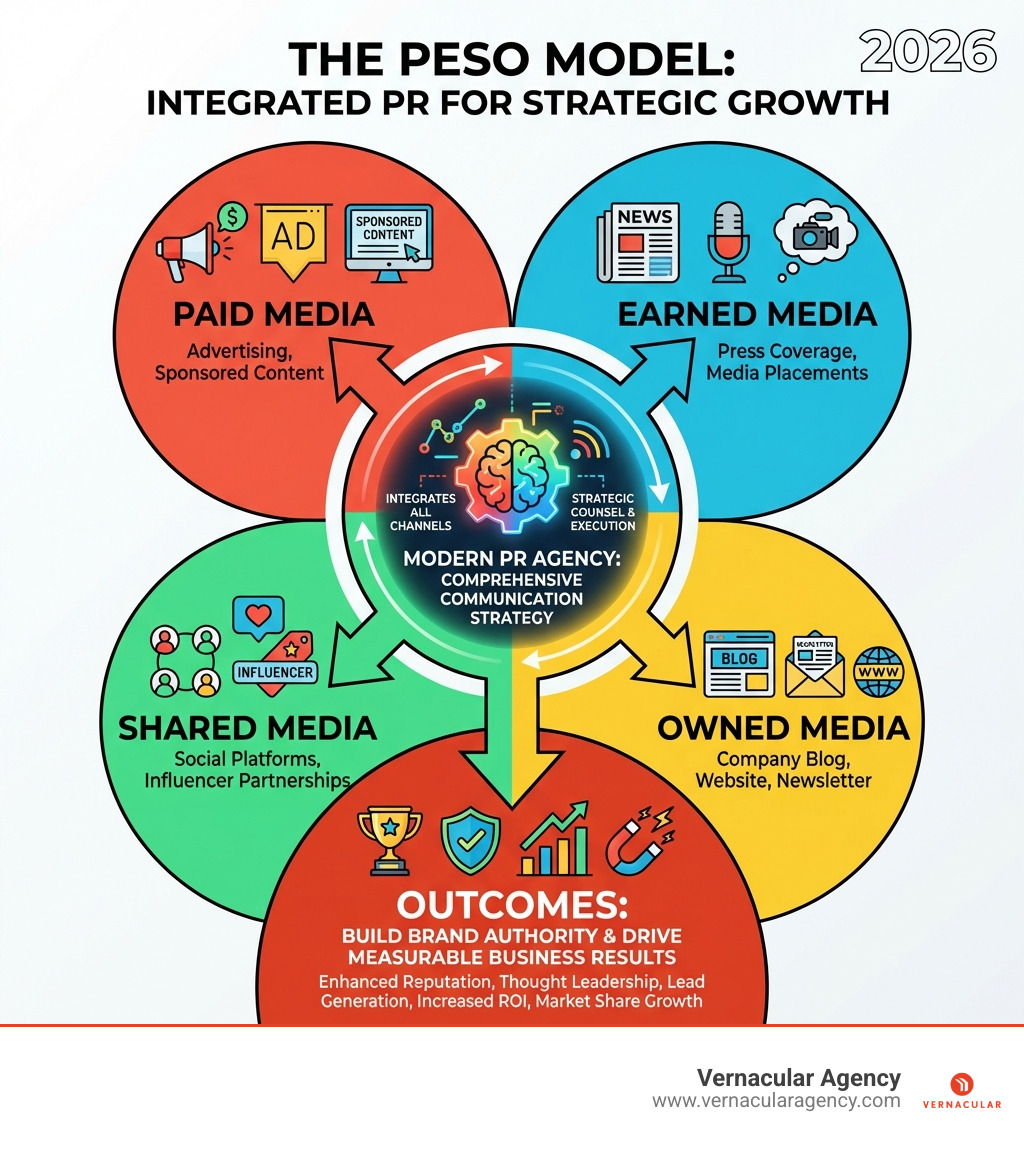 Infographic showing the PESO model: Paid Media (advertising, sponsored content), Earned Media (press coverage, media placements), Shared Media (social platforms, influencer partnerships), and Owned Media (company blog, website, newsletter). Each quadrant shows how modern PR agencies integrate all four channels to create comprehensive communication strategies that build brand authority and drive measurable business results. - public relations agency infographic Infographic showing the PESO model: Paid Media (advertising, sponsored content), Earned Media (press coverage, media placements), Shared Media (social platforms, influencer partnerships), and Owned Media (company blog, website, newsletter). Each quadrant shows how modern PR agencies integrate all four channels to create comprehensive communication strategies that build brand authority and drive measurable business results. - public relations agency infographic