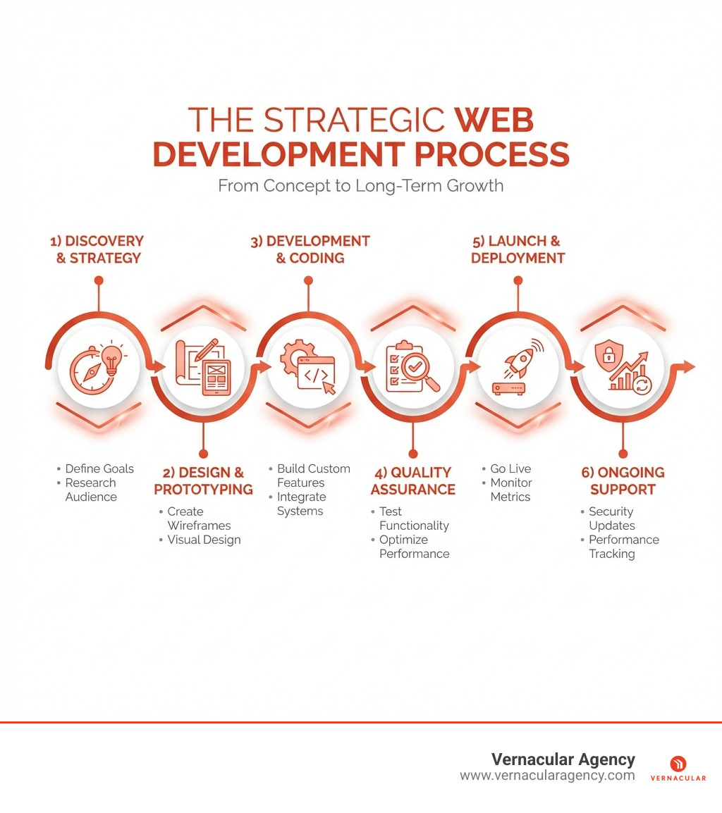 Infographic showing the web development process: 1) Discovery & Strategy (define goals, research audience), 2) Design & Prototyping (create wireframes, visual design), 3) Development & Coding (build custom features, integrate systems), 4) Quality Assurance (test functionality, optimize performance), 5) Launch & Deployment (go live, monitor metrics), 6) Ongoing Support (security updates, performance tracking) - web development Portland Maine infographic Infographic showing the web development process: 1) Discovery & Strategy (define goals, research audience), 2) Design & Prototyping (create wireframes, visual design), 3) Development & Coding (build custom features, integrate systems), 4) Quality Assurance (test functionality, optimize performance), 5) Launch & Deployment (go live, monitor metrics), 6) Ongoing Support (security updates, performance tracking) - web development Portland Maine infographic
