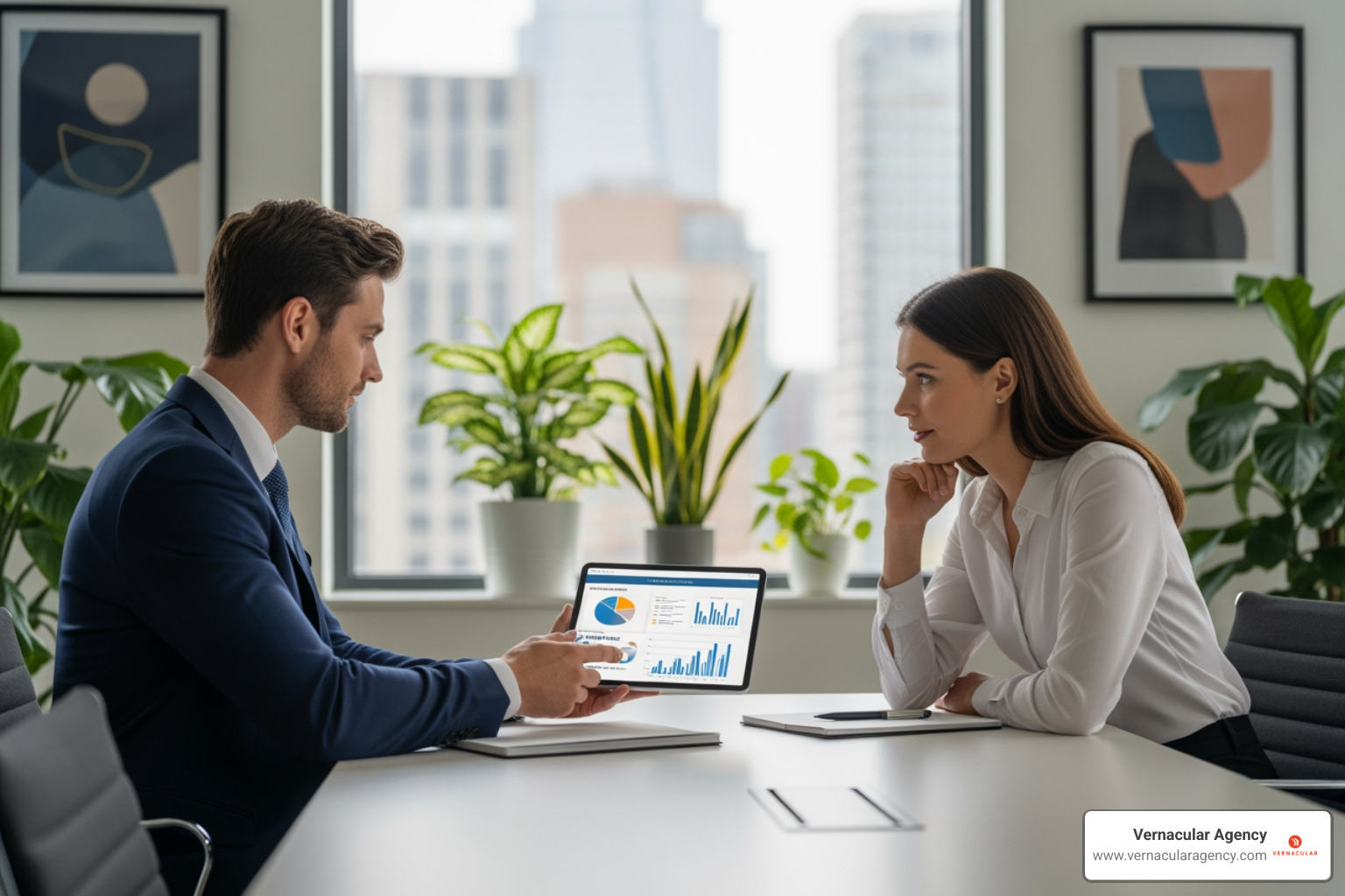 A client consultation meeting in a modern office setting, with two professionals discussing project details on a tablet. - web development Portland Maine A client consultation meeting in a modern office setting, with two professionals discussing project details on a tablet. - web development Portland Maine