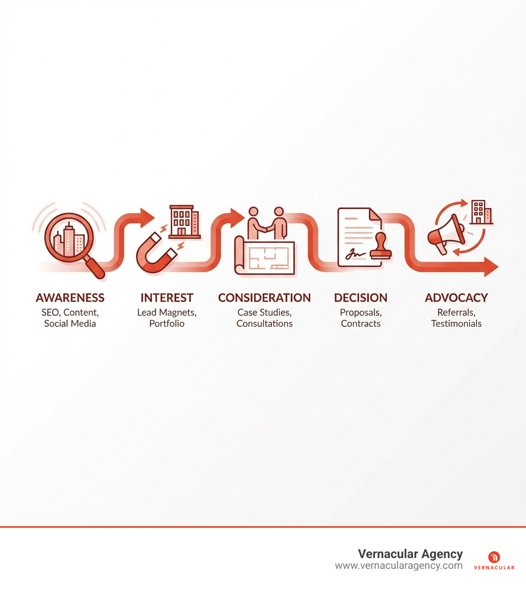 Infographic showing the architectural lead generation funnel: Awareness (SEO, content, social media) → Interest (lead magnets, portfolio) → Consideration (case studies, consultations) → Decision (proposals, contracts) → Advocacy (referrals, testimonials) - lead generation for architects infographic 