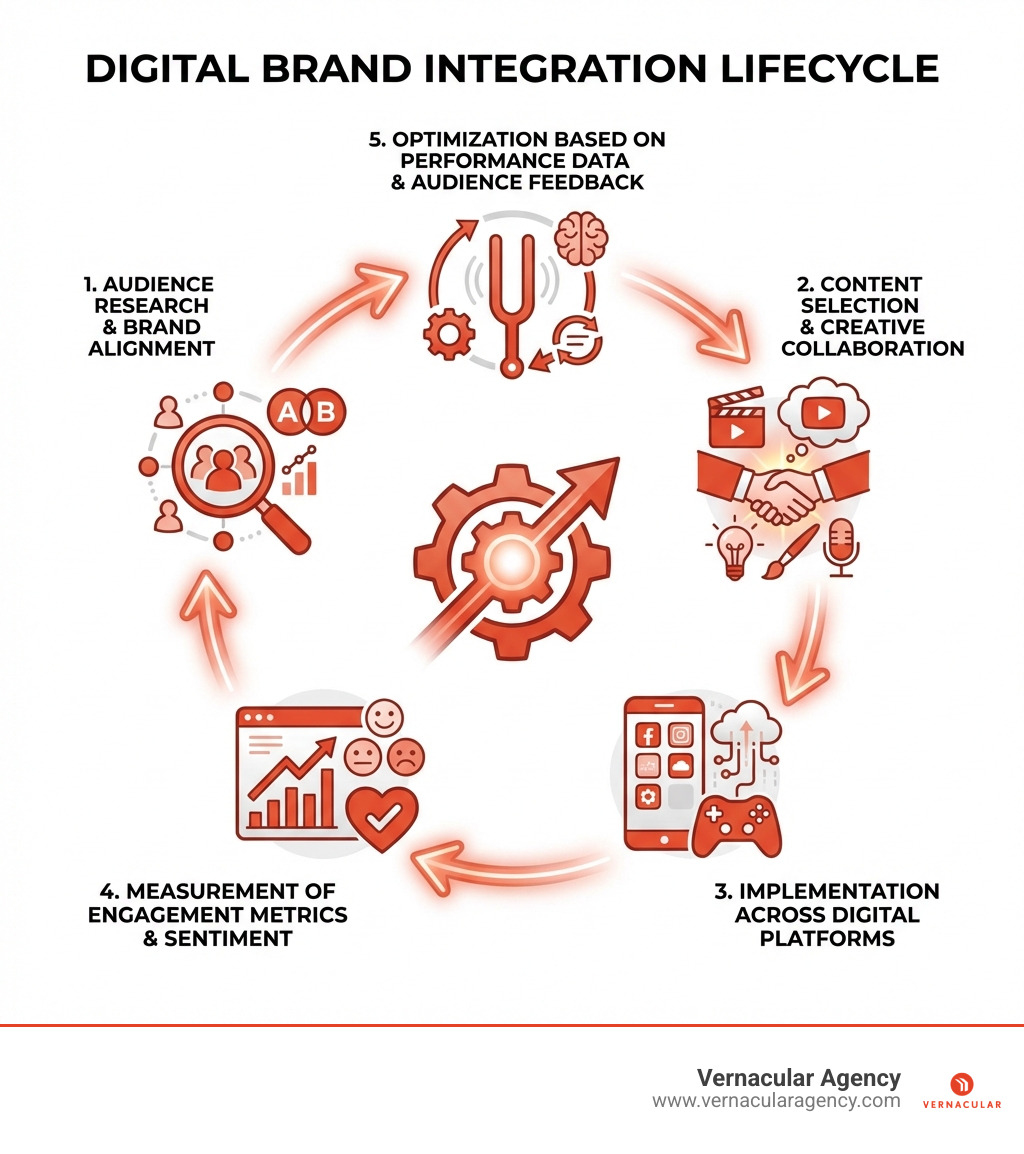 Infographic showing the digital brand integration lifecycle: starting with audience research and brand alignment, moving through content selection and creative collaboration, then implementation across digital platforms, followed by measurement of engagement metrics and sentiment, and finally optimization based on performance data and audience feedback - Digital brand integration infographic Infographic showing the digital brand integration lifecycle: starting with audience research and brand alignment, moving through content selection and creative collaboration, then implementation across digital platforms, followed by measurement of engagement metrics and sentiment, and finally optimization based on performance data and audience feedback - Digital brand integration infographic