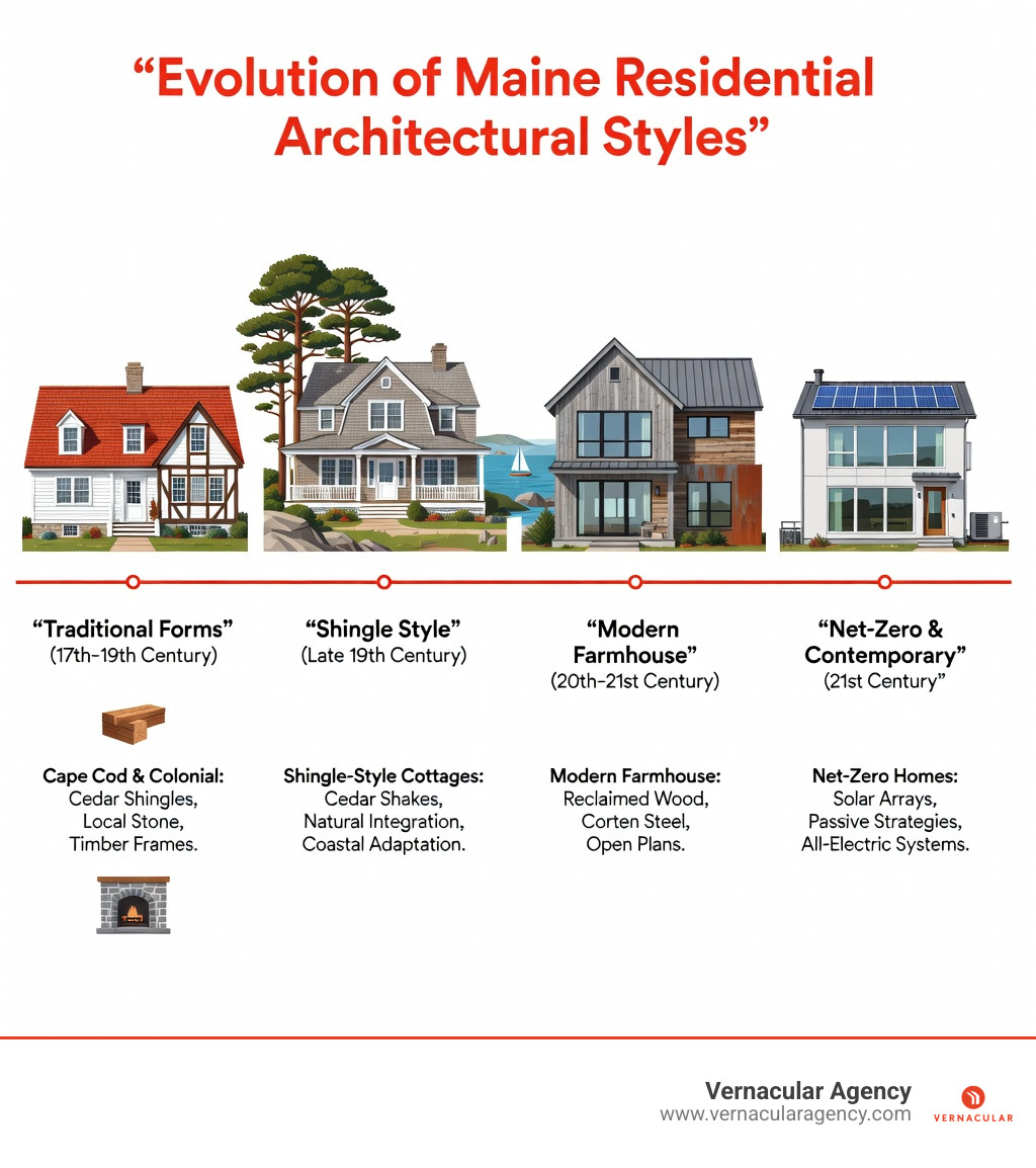 Infographic showing the evolution of Maine residential architectural styles from traditional Cape Cod and Colonial forms through Shingle-style cottages to contemporary Modern Farmhouse and high-performance net-zero homes, highlighting key materials like cedar shingles, weathering steel, and reclaimed wood alongside sustainable features such as passive house strategies and solar arrays - Maine architectural design infographic Infographic showing the evolution of Maine residential architectural styles from traditional Cape Cod and Colonial forms through Shingle-style cottages to contemporary Modern Farmhouse and high-performance net-zero homes, highlighting key materials like cedar shingles, weathering steel, and reclaimed wood alongside sustainable features such as passive house strategies and solar arrays - Maine architectural design infographic
