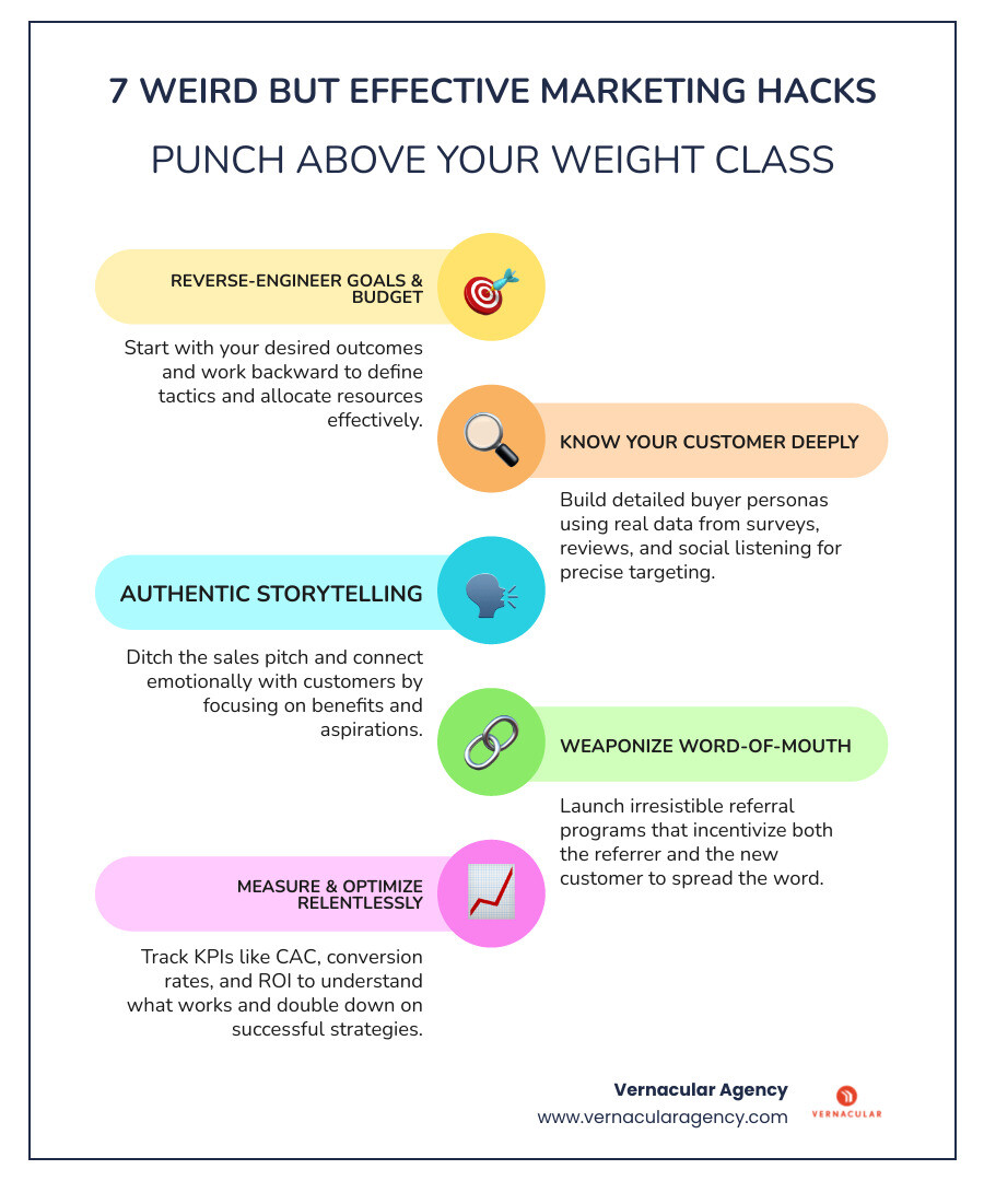 Infographic showing 7 marketing hacks arranged in a circular layout: 1) Reverse-Engineer Goals & Budget (target icon), 2) Ethical Customer Stalking (magnifying glass icon), 3) Authentic Storytelling (speech bubble icon), 4) Low-Fi Content (rough sketch icon), 5) Cult of Love & CTAs (heart with arrow icon), 6) Referral Programs (network nodes icon), 7) Measure & Optimize (chart icon). Center text reads "7 Weird But Effective Marketing Hacks" with subtitle "Punch Above Your Weight Class" - marketing campaigns for small business infographic infographic-line-5-steps-colors Infographic showing 7 marketing hacks arranged in a circular layout: 1) Reverse-Engineer Goals & Budget (target icon), 2) Ethical Customer Stalking (magnifying glass icon), 3) Authentic Storytelling (speech bubble icon), 4) Low-Fi Content (rough sketch icon), 5) Cult of Love & CTAs (heart with arrow icon), 6) Referral Programs (network nodes icon), 7) Measure & Optimize (chart icon). Center text reads "7 Weird But Effective Marketing Hacks" with subtitle "Punch Above Your Weight Class" - marketing campaigns for small business infographic infographic-line-5-steps-colors