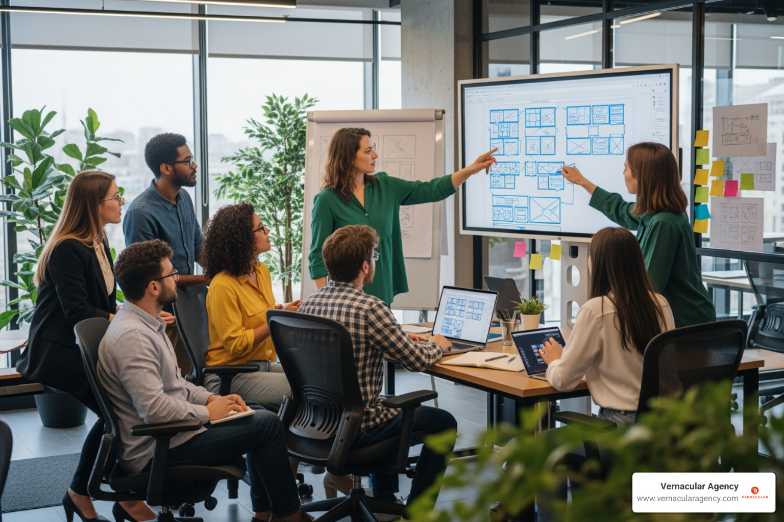 A diverse team of designers and developers collaborating on a website wireframe, demonstrating teamwork and strategic planning. - architecture web design agency