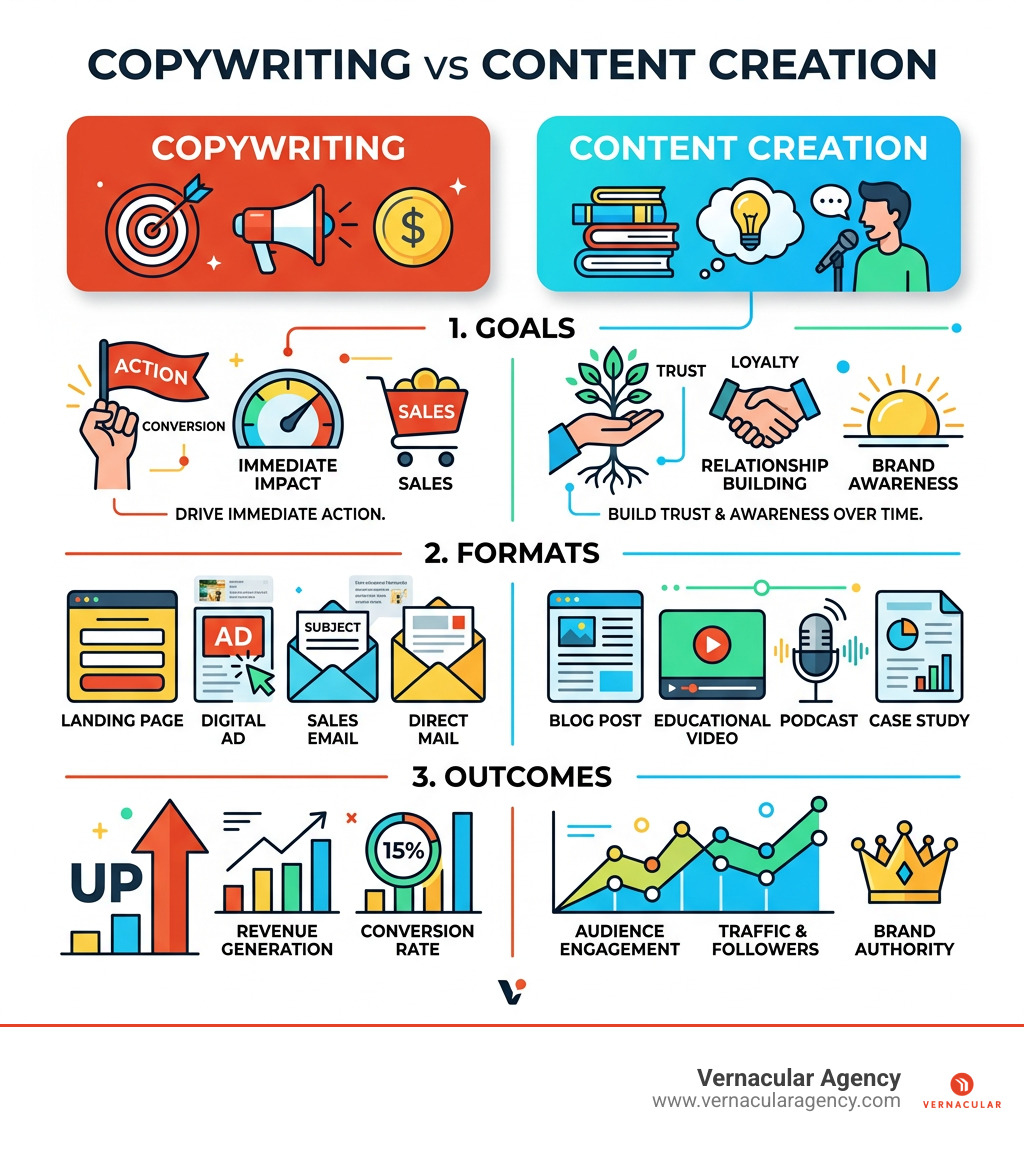 copywriting vs content creation comparison infographic showing goals, formats, and outcomes - content creation and