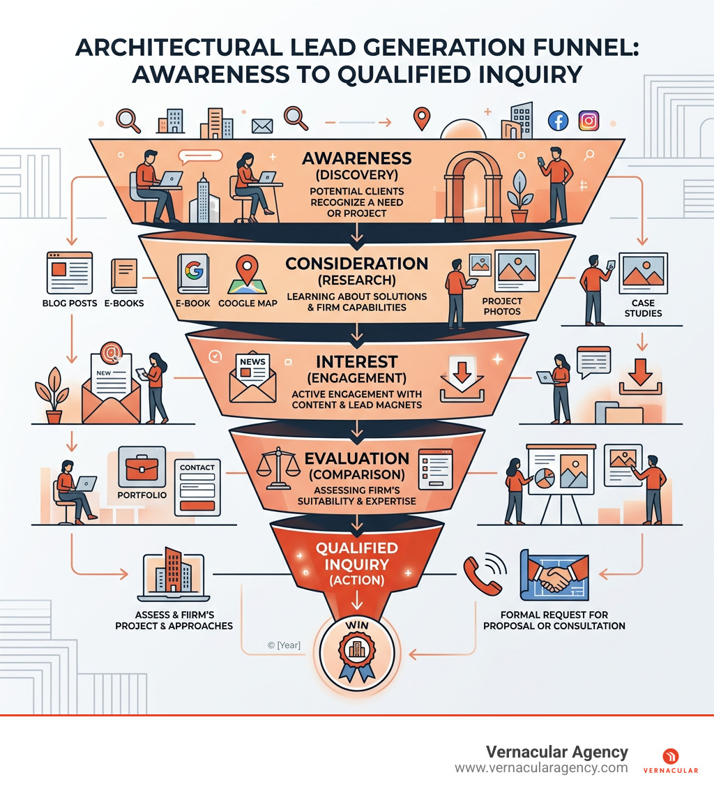 Architectural lead generation funnel from awareness to qualified inquiry - Architect marketing strategies infographic 