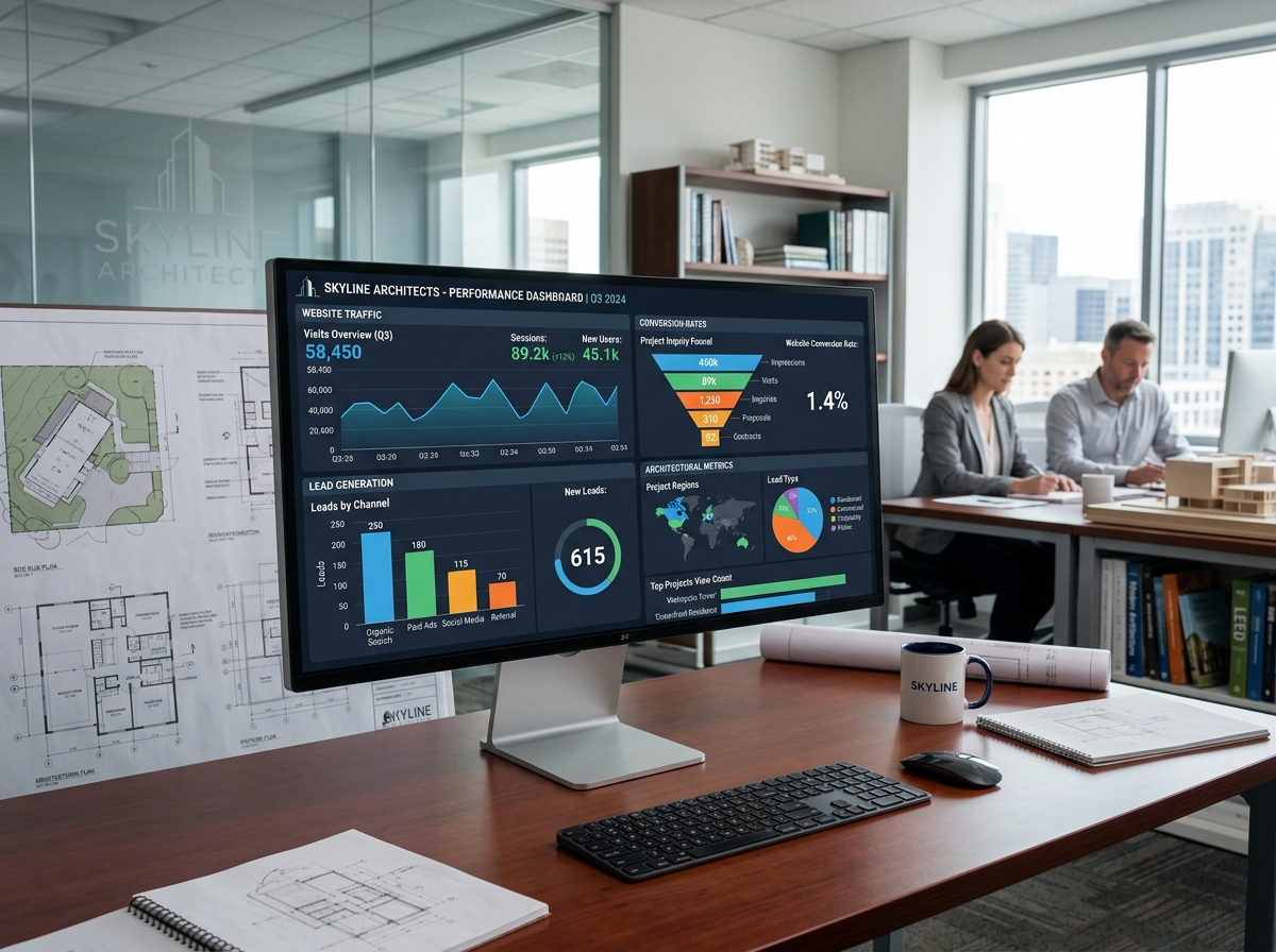 Digital marketing dashboard for architects showing traffic and lead metrics - Architect marketing solutions