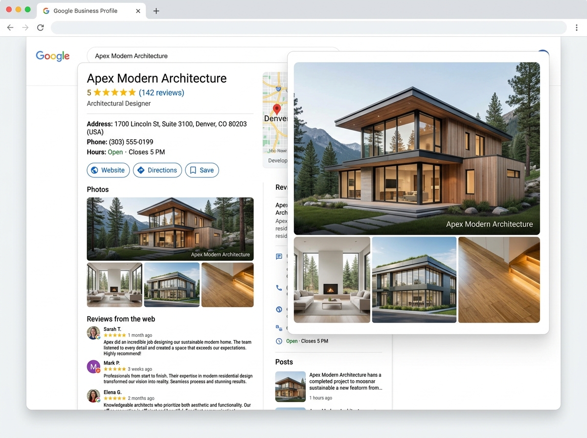 A well-optimized Google Business Profile showing 5-star reviews, clear contact info, and high-quality architectural project