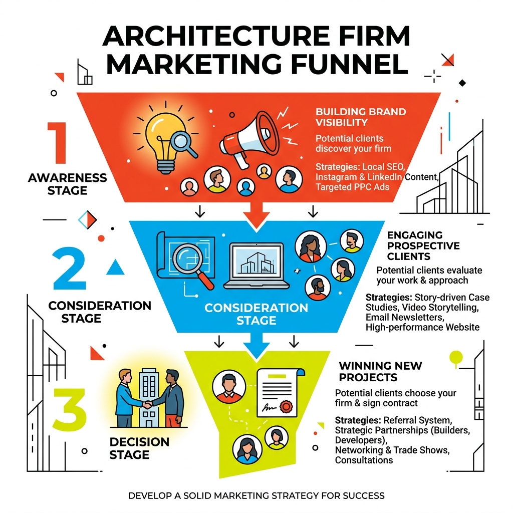 Architecture marketing funnel showing awareness, consideration, and decision stages for architecture firms - Architectural