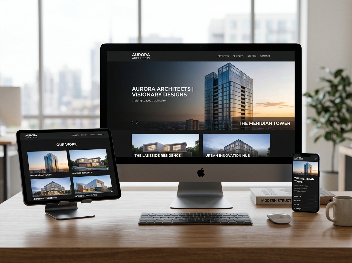 A high-end architecture firm website displayed on a desktop, tablet, and smartphone - Architectural firm marketing ideas