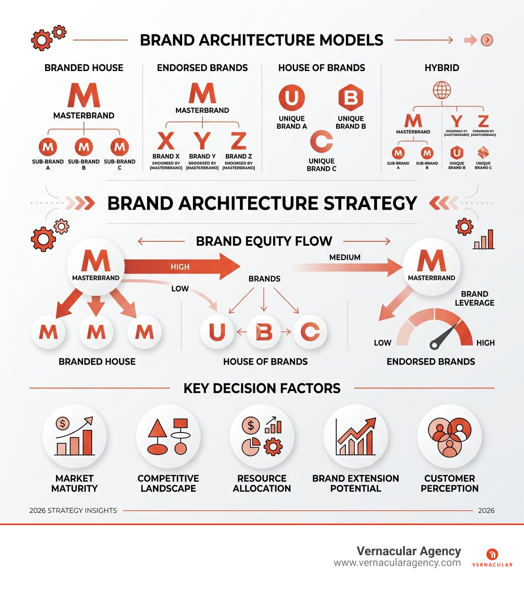 infographic showing brand architecture models, equity flow, and key decision factors - Brand architecture strategy infographic showing brand architecture models, equity flow, and key decision factors - Brand architecture strategy