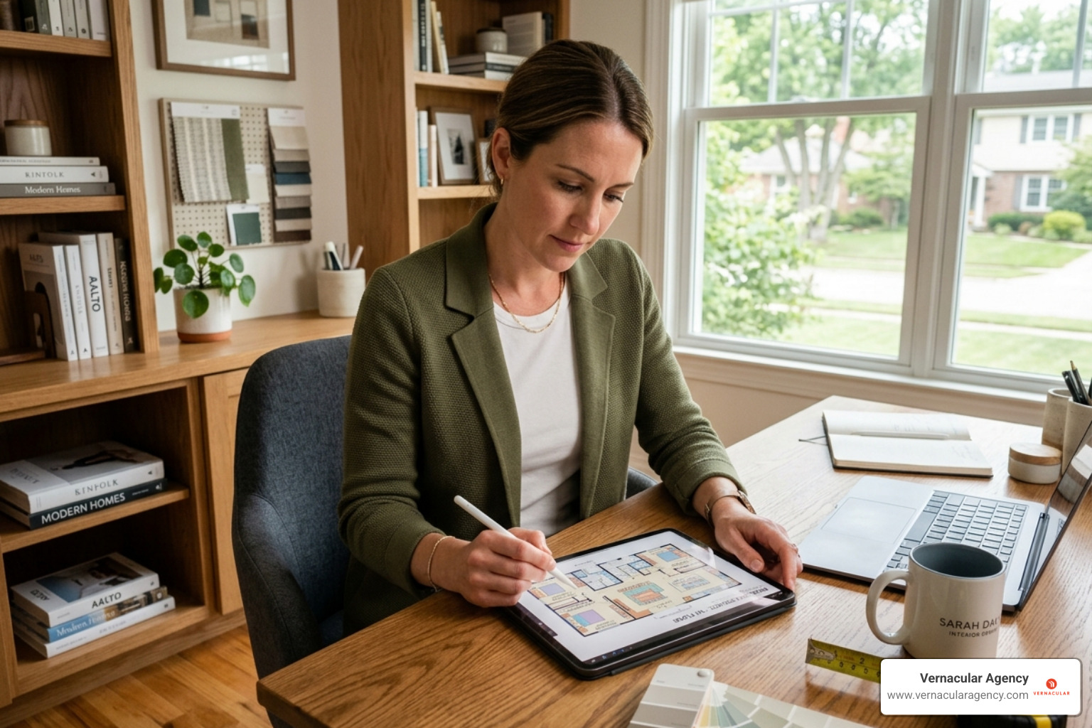 Designer reviewing a digital floor plan on a tablet - Online design consultation Designer reviewing a digital floor plan on a tablet - Online design consultation