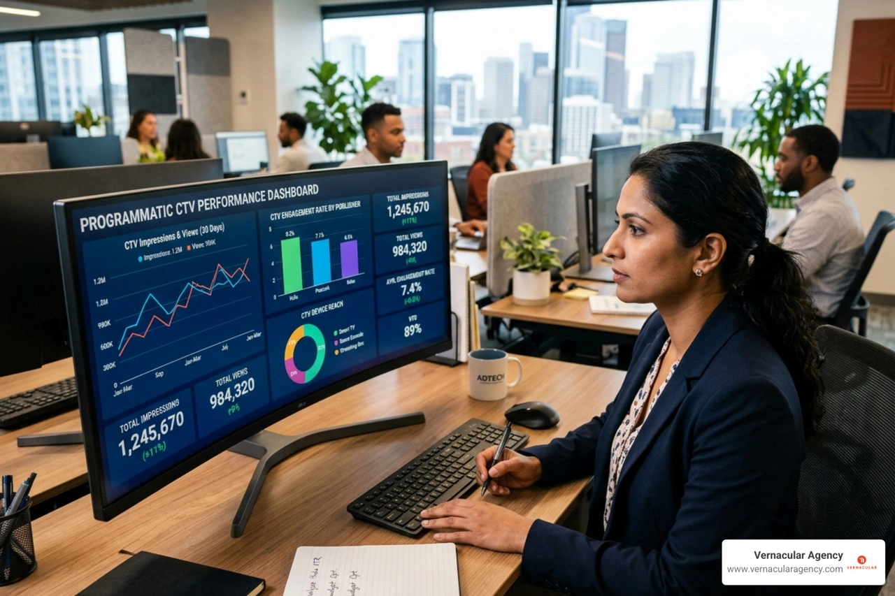 A digital marketing professional analyzing a programmatic dashboard with CTV performance data - ctv media buying A digital marketing professional analyzing a programmatic dashboard with CTV performance data - ctv media buying