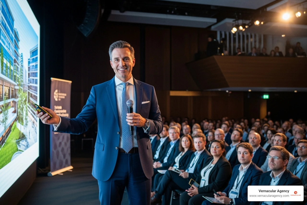 An architect confidently presenting at a conference, engaging with the audience - how to market an architecture firm An architect confidently presenting at a conference, engaging with the audience - how to market an architecture firm