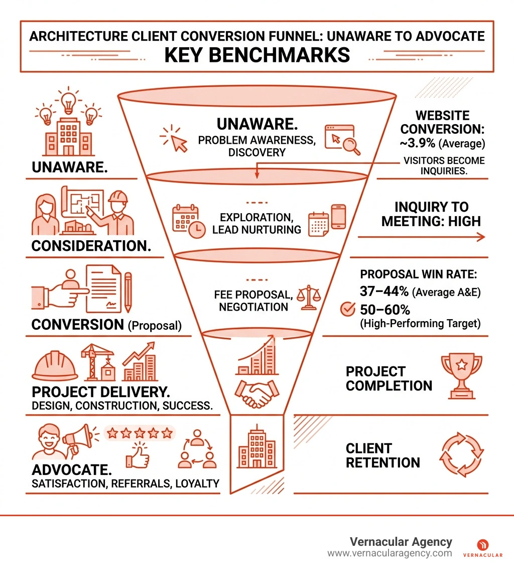 Architecture client conversion funnel from unaware to advocate with key benchmarks - architect conversion rates infographic Architecture client conversion funnel from unaware to advocate with key benchmarks - architect conversion rates infographic