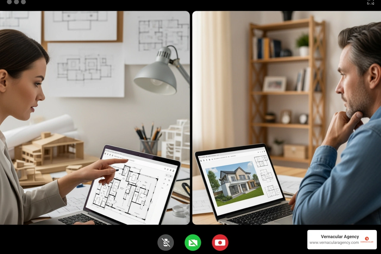 Split-screen video consultation between architect and client Split-screen video consultation between architect and client